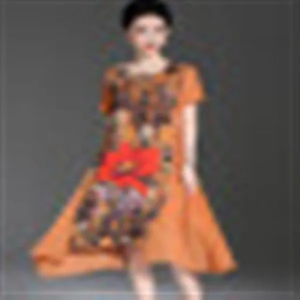 여성복 실크 원피스 여름 신상품 2019 브랜드 광태태스커트 녀중고 국풍 프린트 양잠사 중노년층 여성복 엄마복 여름옷 원피스 귤색 Xl 단일상품