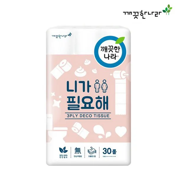 [무료배송]깨끗한나라 니가필요해 천연펄프 3겹데코 롤화장지(22mx30롤), 1팩
