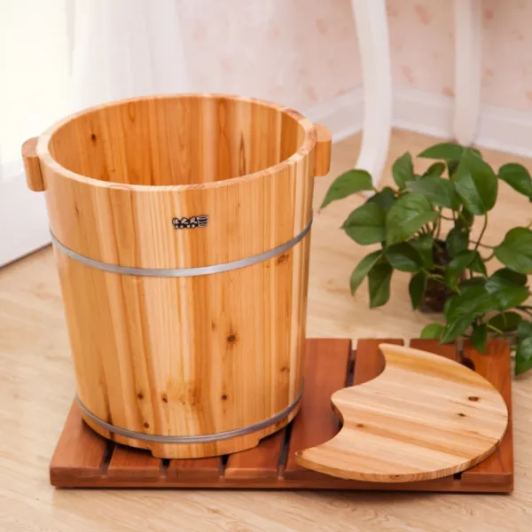 간이 가정용 습식 원형 편백나무 히노끼 족욕기 족욕통 40cm 나무통+반원캡개