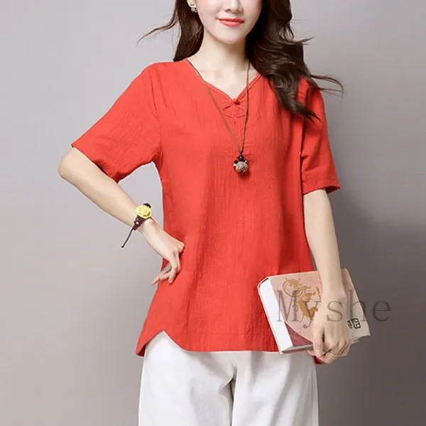 Myshe 여성 여름 반팔 면 린넨 티셔츠 빅사이즈 Zhy601wp611tx02