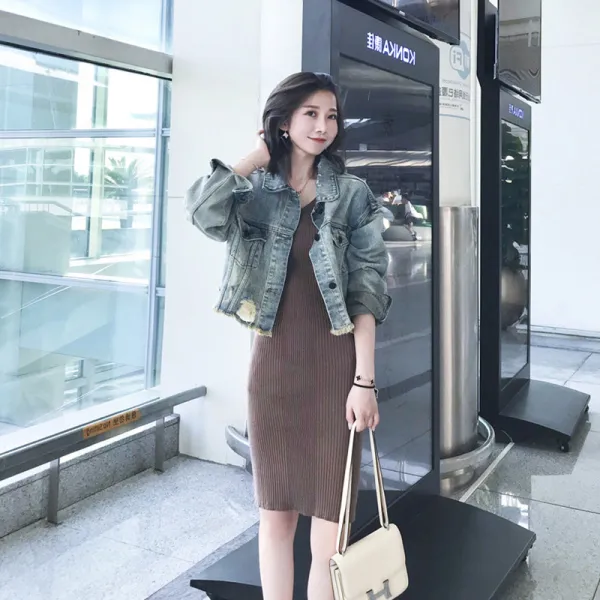랩니트원피스 뜨개질원피스 저지원피스 초 가을 홍콩무드 클래식 대미지 데님 쇼트 커버 늦바람 추가 외 매치 여성