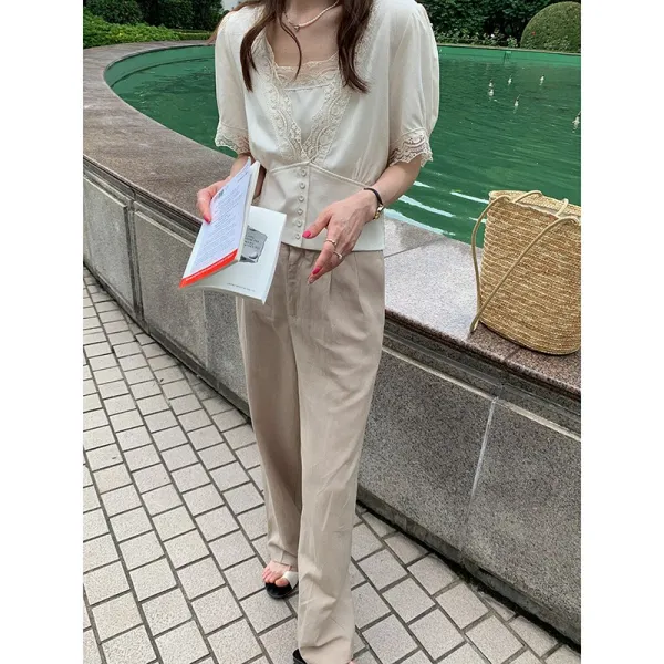 BINGDAILY 라인 여성 여름옷 와이드 루즈핏 스퀘어넥 반팔셔츠 상의