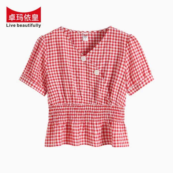 체크 프렌치 블라우스 여성 반팔 v넥 하이 웨이스트 디자인 소중수 허리 서양기 가린 배 탑