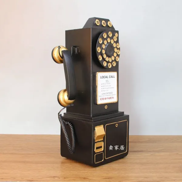 미국 유럽 엔틱 레트로 빈티지 벽걸이 붙착형 공중 전화기 모형 인테리어 소품 카페 장식, 검은 전화