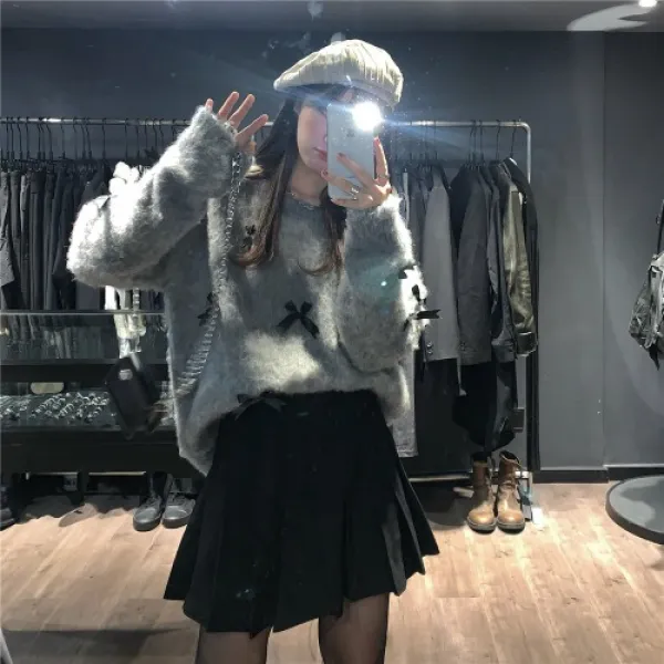 병약함 누이동생 계 쿨 달다 소녀 귀엽다 사랑 나비넥타이 털보송 와이드 루즈핏 여성