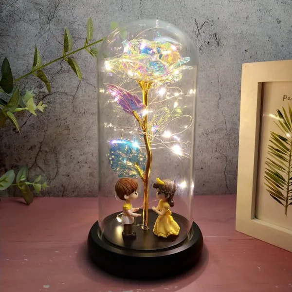 컨택틱 말린부케선물 LED 홀로그램 크리스탈 유리돔 장미 꽃 플라워 조명 무드 취침 등, 장미무드등(홀로그램왕자공주)