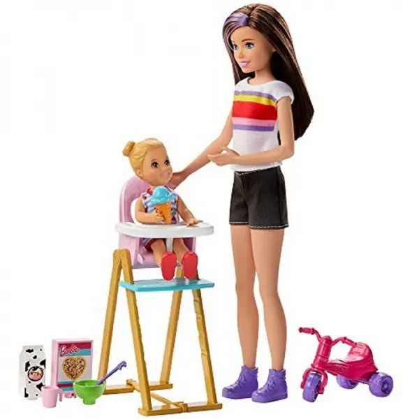 Barbie Skipper Babysitters Inc. 베이비 시터 선장 인형이있는 수유 놀이 세트 수유 기능이있는 유아 인형 유아용 의자 세, 단일옵션