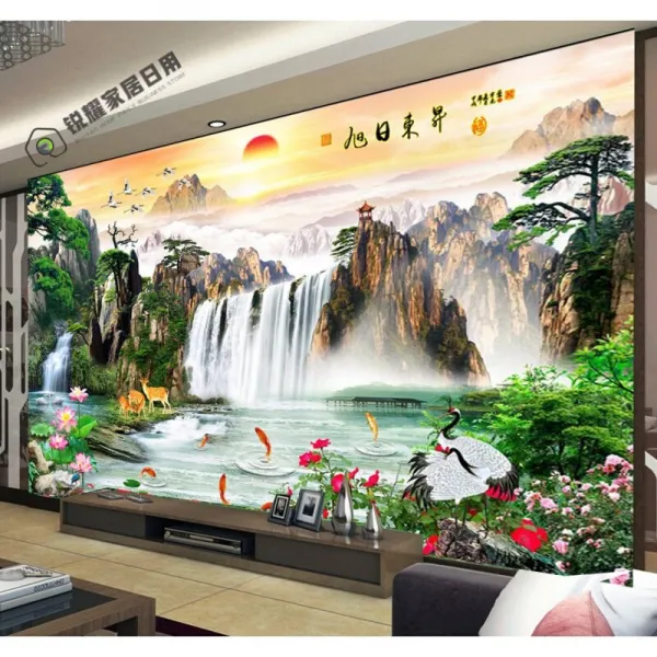 송 년 3d 입체적인 풍수 와 그림 배경 벽 벽화 중식 풍경 장식 텔레비전 벽지 산수화 거실 영상 벽지 Y 틈 없 는 수입 캔버스 / 평방미터 벽지 + 특수 풀