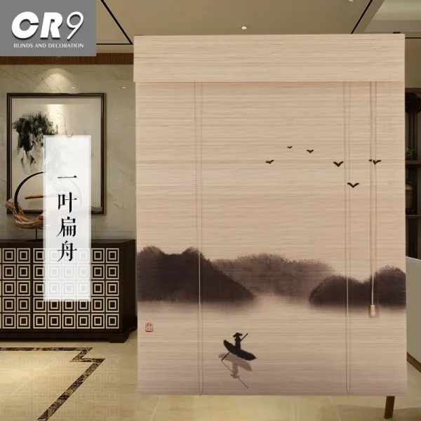 대나무발 CR9프린팅 롤스크린 암막 현관 배경 인테리어 칸막이 중국스타일 다실 풍수, T03-일엽편주