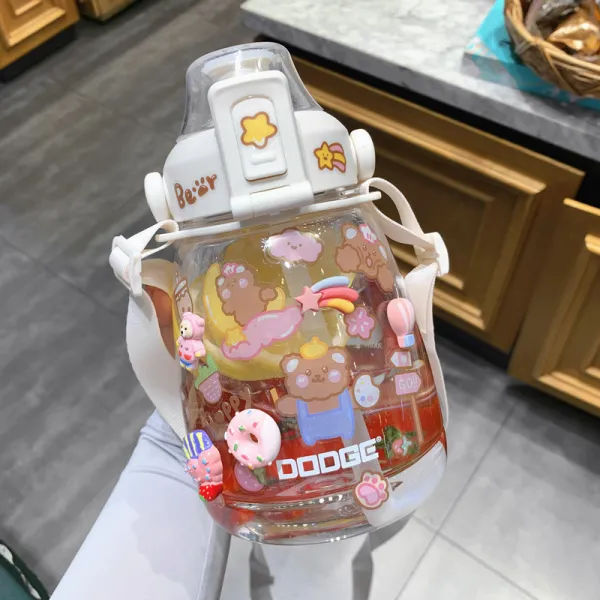 어른 TRITAN 대용량 물컵 여성 여름 배불뚝이컵 휴대 기울다 메다 운동 빨대컵 눈금 플라스틱, 화이트 1.2L 스티커를 보내다 _D