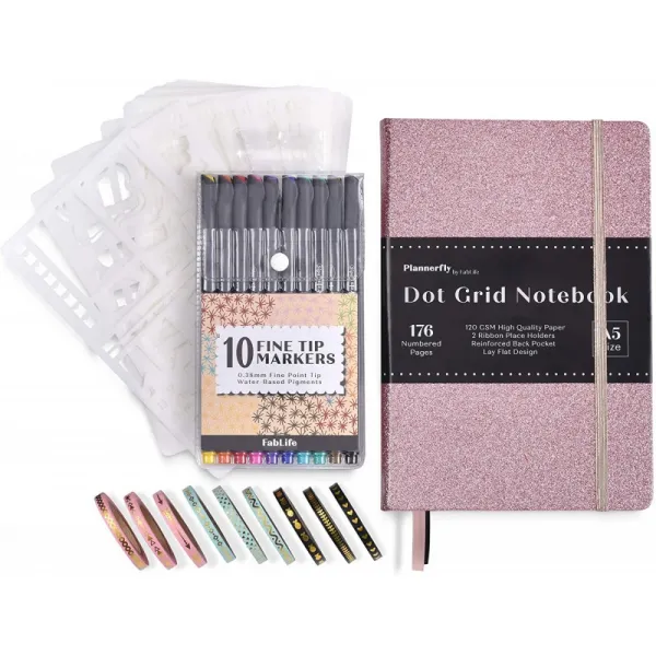 저널 세트 - A5 도트된 게시판 계획자 노트북(숫자 포함) 두꺼운 백서 120gsm + 피넬리너 10개 + 스텐실, 단일상품
