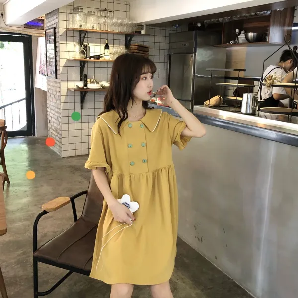 더블 버튼 반팔 인형 넥 원피스 자 선녀 초 선삼계 학원풍 감미롭고 서양적인 여름