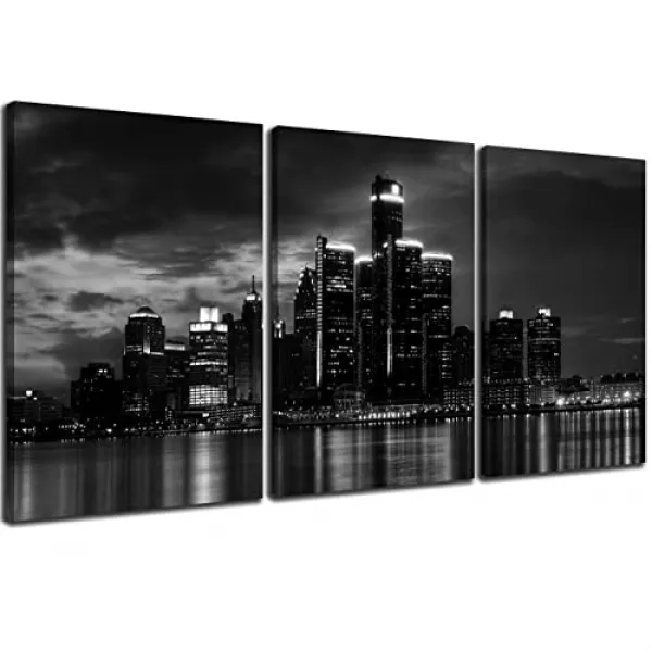 3 PCS 벽 아트 아름 다운 디트로이트 스카이 라인 검은 흰색 캔버스 아트 그림 룸 장식 도시 풍경 고층 빌딩 밤 장면 그림 홈 장식에 대 한 캔버스에 인쇄 현대 giclee framed
