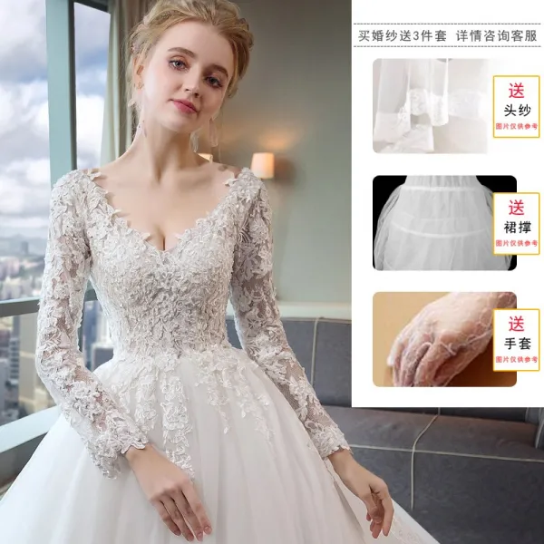 A-ROBOT 빅사이즈긴팔 라운드/V넥 공주/임부 A라인 웨딩드레스