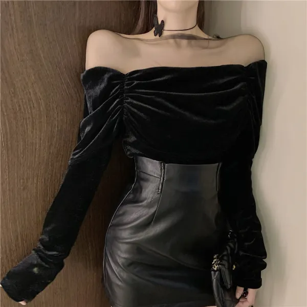 후카에바시 오픈숄더스타일 셀럽 클래식 겨울 가을 무드 일자 넥 긴 소매 벨벳 여성 이너 구호물자