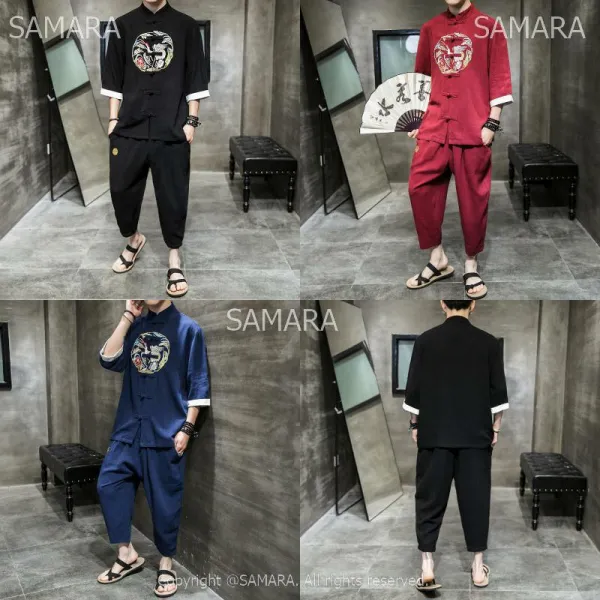 Qterra 특허브랜드 와이드팬츠 남자 투피스 세트 반팔 린넨 스타일