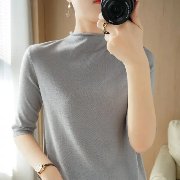 오유소프트 반소매니트 봄 여름 반폴라 여성 숏 풀오버 5부 얇은 이너티셔츠 와이드 루즈핏 미들 양털 울셔츠