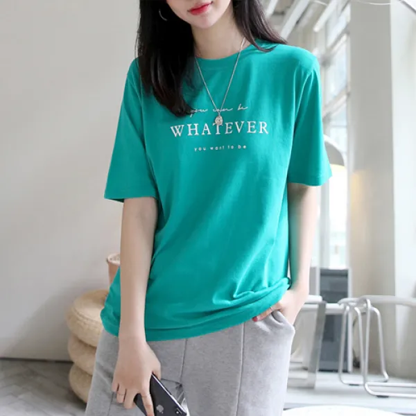 플레이팝 여성용 3컬러 라운드넥 코튼 심플 레터링 데일리 에버 반팔 티셔츠
