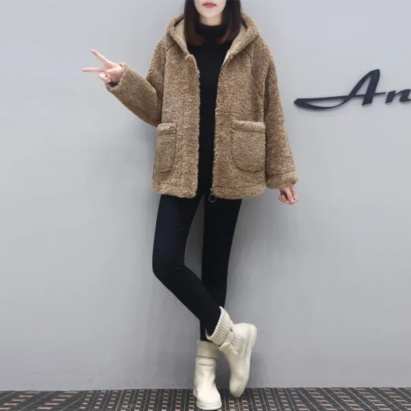 샵솔베이지 램 코트 겨울 여성 캐시미어 양털 퍼 후드 점퍼 자켓