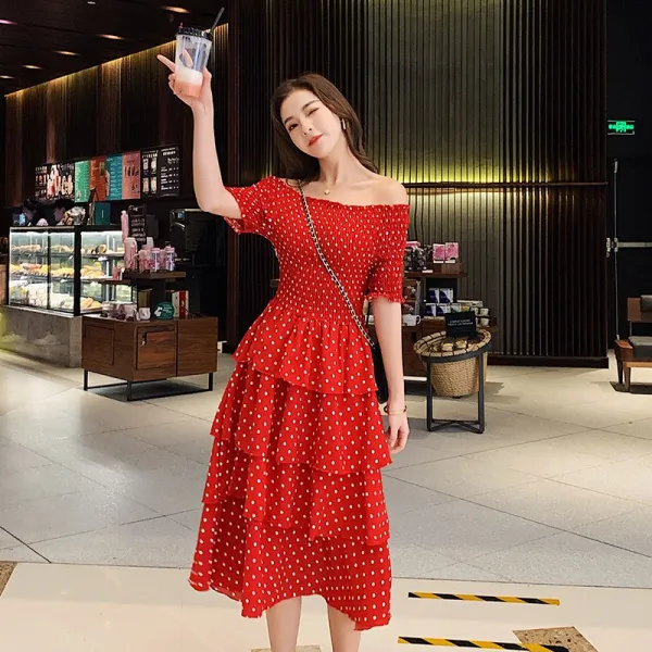 패션이루 도트 오프숄더 캉캉 원피스 롱 여름 여성 캐주얼 슬림