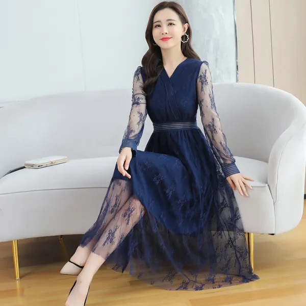 Feb.05 152번 플라워 시폰 원피스 자녀 올가을 레이스 느낌 긴 소매 허리 잡아주어 날씬해 보이고z