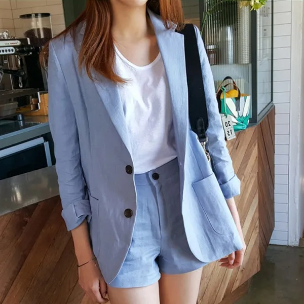 씨엔에이치 여름 여자 여성 싱글 마 린넨자켓 반바지 투피스 세트