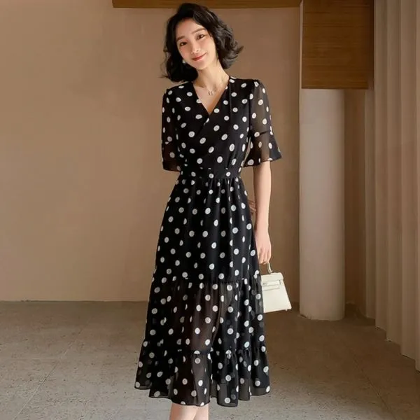 7월 하객룩 상견례옷차림 도트 블랙 시스루 롱 원피스