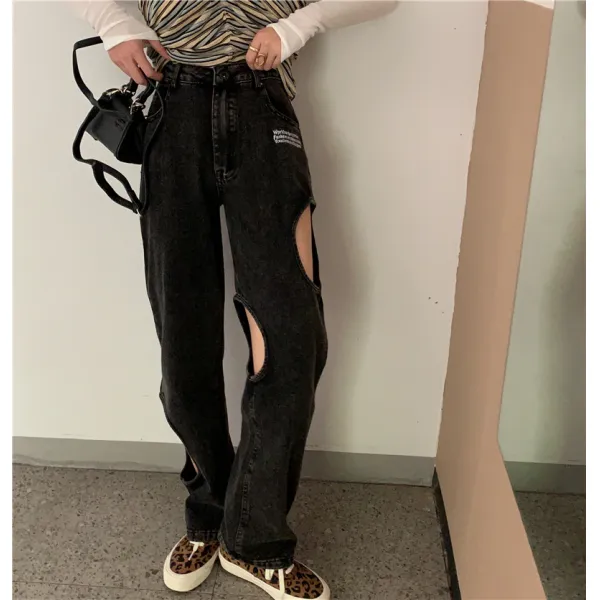 연컴퍼니 SEOUL 한풍 CHIC매우 고상한 품행 소녀 디스트로이드 빅진 하이웨스트 스트레이트핏 일자 와이드 루즈핏 블랙