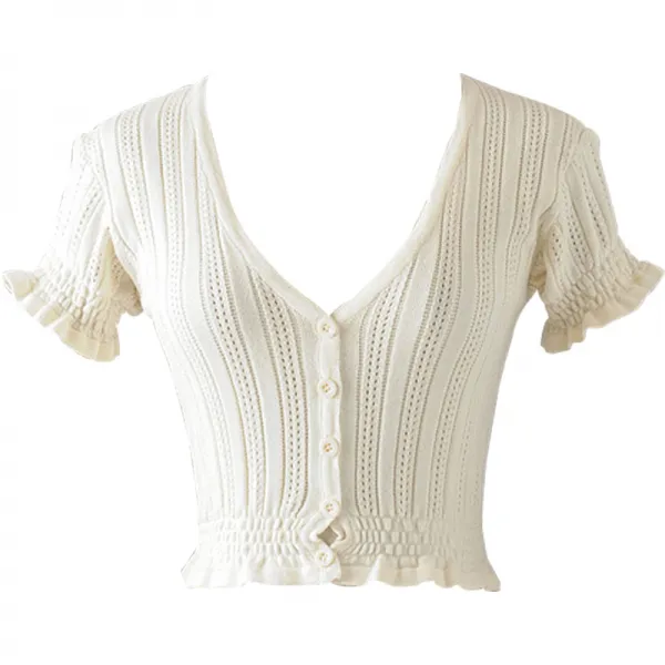 GOGIRLGO 슬림 펀칭 벌룬소매 페블럼라인 크롭 니트 가디건 아방가르드한디자인