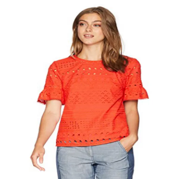 Trina Turk Women's Darling Ruffle Sleeve Top Poppy Medium 트리 나 터크 여성용 달빛 wrinkle 소매상의 양귀비 미디엄, 1