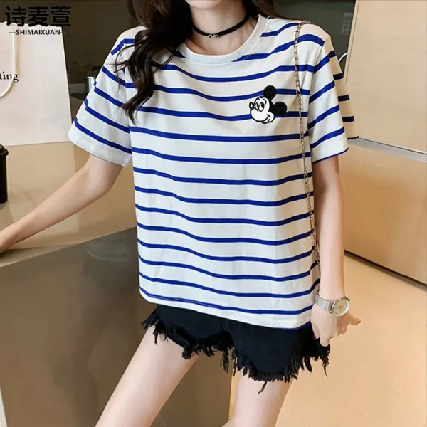 여장신하순면 슬림해보이는 슬림 Ins 대박 네트 레드 동 미키 자수 티