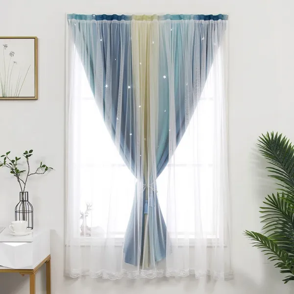 공가라 작은방커튼 인싸템 매직 숏 접착 사 무타공 장착 침실 소녀 가림천 공주풍 출 블루 _엘로 （더블레이어 ） 와이드 2.0 *하이 2.0 쌀 원턱