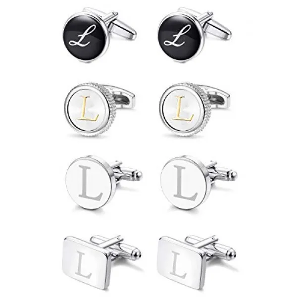 LOYALLOOK 4 쌍 남성 초기 편지 셔츠 커프스 단추 새겨진 셔츠 커프스 단추 알파벳 세트 패션 현혹 턱시도 커프스 단추 비즈니스 웨딩 아