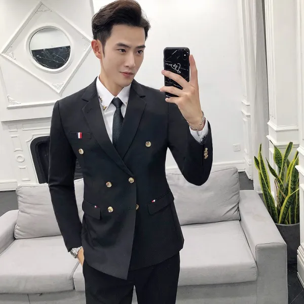 슬림 더블 브레스트 영국 스타일의 정장 사계절의 캐주얼 작은 정장 재킷 투피스 남성 한국어 버전, 블랙 긴 소매 (싱글 슈트)