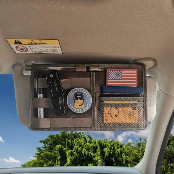MDSTOP Molle Visor Panel Organizer Organizer 전술적 웨빙 호환 차량 선바이저 커버 카 선샤이드 스토리지 홀더 파우치 장착(카키 7