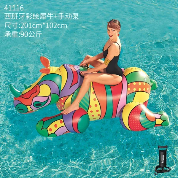 튜브 /홍학새 러버덕 수상 공기충전 탈것 빅사이즈 성인, T05-스페인 채색 코뿔소+에어펌프