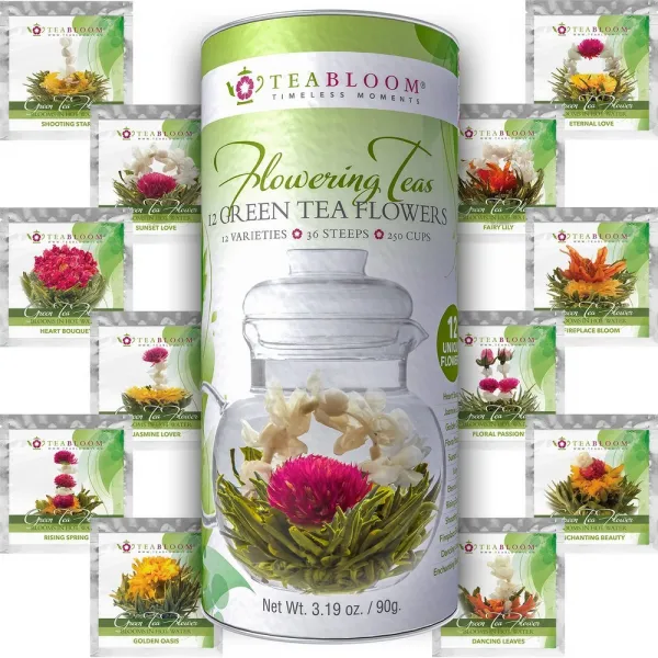 [미국직구]Teabloom 꽃 차 신선한 블루밍 茶花 12개 독특한 품종 핸드 타이드 내츄럴 그린 찻잎 및 식용 꽃 12 팩 선물 용기 36 Steeps은 250개 컵, 선택, 상세설명참조