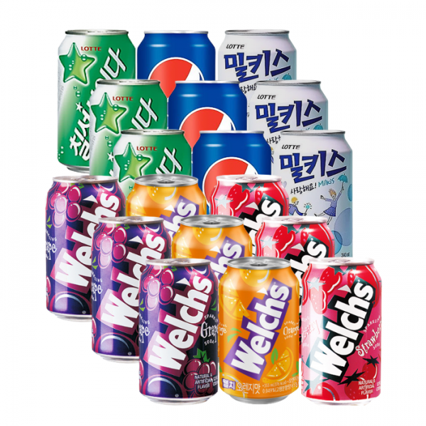 [안녕골목마켓]총18캔, 웰치3종3캔씩+콜라3+사이다3+밀키스3