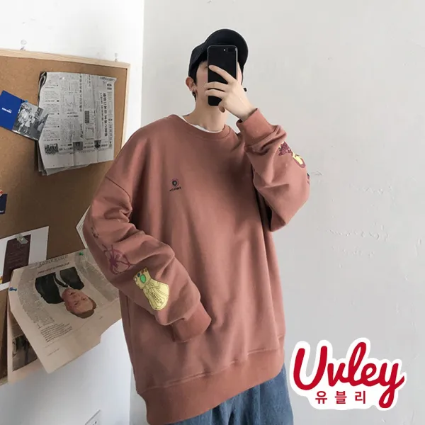 유블리 남성 루즈핏 맨투맨 ~4XL 3color 프린팅 포인트 오버핏 박시핏 캠퍼스룩 데일리룩(UV073WD)