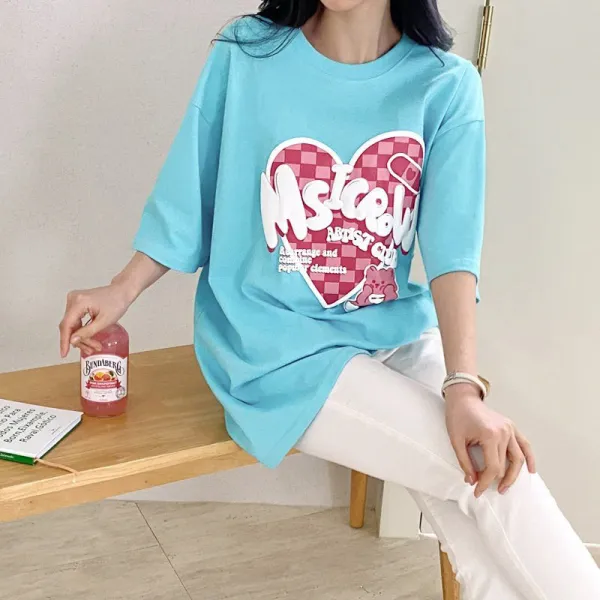 마이시즌 여성용 핑크베어 프린팅 반팔 티셔츠