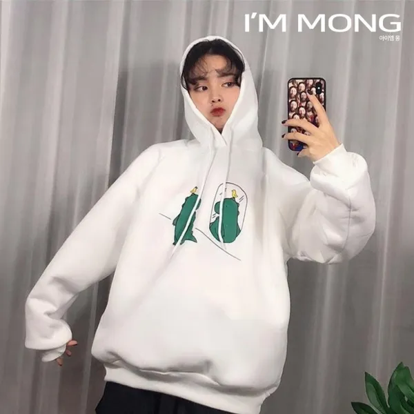 아이엠몽 여성 귀여운 일러스트 캐주얼 후드티셔츠 박시핏 컬러후드티 사랑스러운 공룡일러스트 캐릭터 프린팅 도토미 후드티