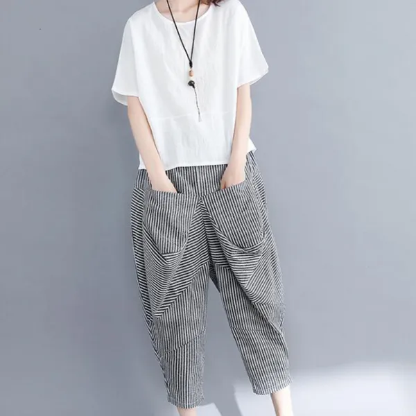 여성투피스세트 여성투피스세트 캐주얼린넨세트 라운드티셔츠+린넨바지 데일리룩세트 루즈핏빅사이즈d10