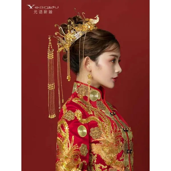팜플렉스 신부 수화 헤어액세서리 중국식 통큰 골드 화복을 입고 봉황새를 입다 관 심플 결혼 떠는 잠 태슬 여성