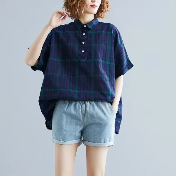 패션이루 오버핏 체크 셔츠 여름 롱 캐주얼 티셔츠 남방 반팔