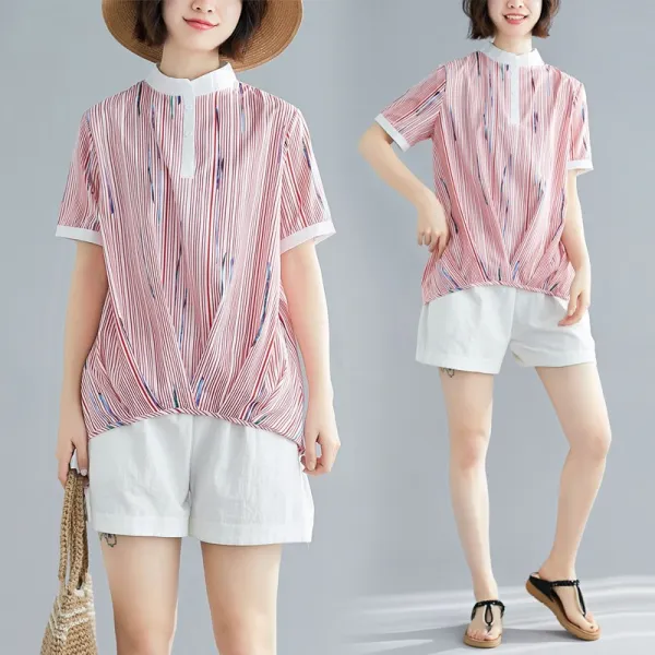 패션이루 스트라이프 미시룩 면 셔츠 반팔 티셔츠 여름 루즈핏