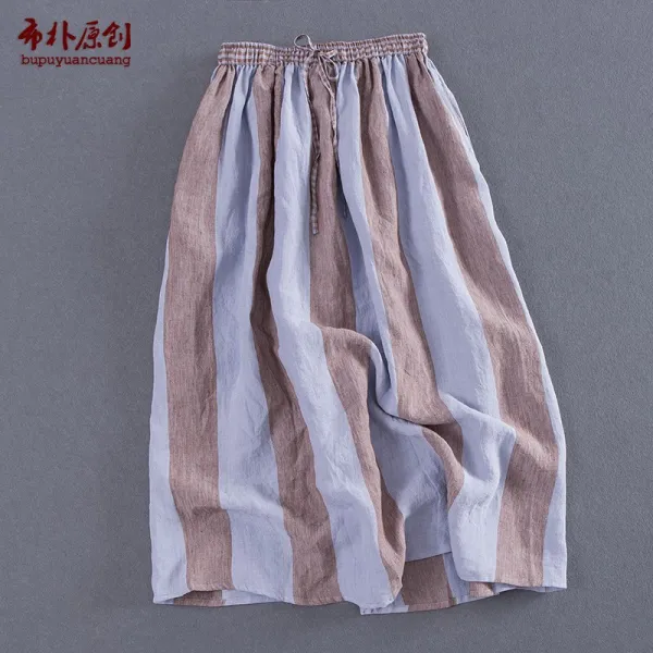 바이오버씨 스커트 박 천이다 낡은 같은스타일 린넨 스카이블루 커피 횡색 스트라이프 폭이 넓다 밴딩웨스트 드로스트링 블러킹