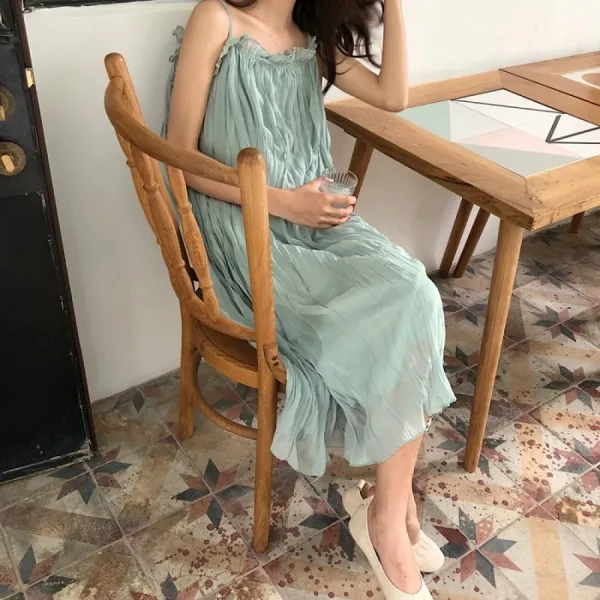 Eastgen 여성 프릴 포인트 플리츠 쉬폰 민소매 나시 롱원피스 여름 주름 스커트 589513524201_1rqv