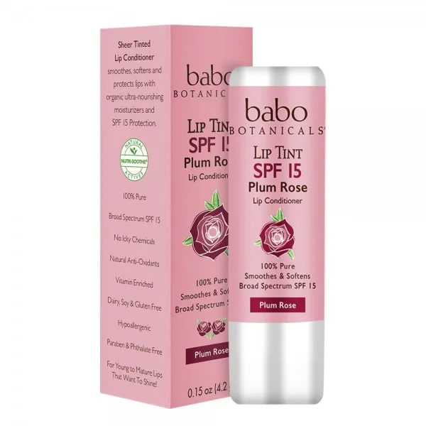 Babo Botanicals 70 + % 유기 색을 칠한 무기물 입술 조절기 SPF 15 물 저항하는 입술 크림 자두 로즈-0.15 oz.