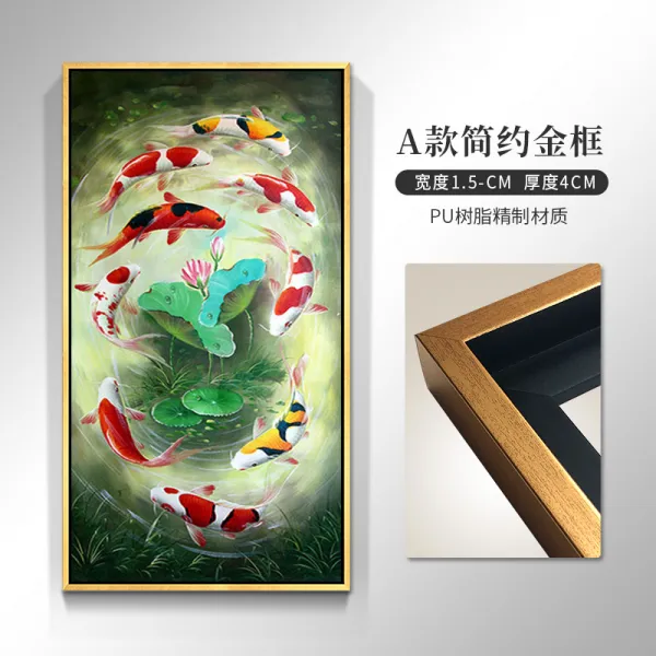 신 중국식 순수 핸드페인팅 유화그림 현관 인테리림 연꽃 구어 도모함 거실 세로판 복도 그림을 걸다 잉어 재물을 모으다, A타입 심플골드 테 고참 화사 페인팅
