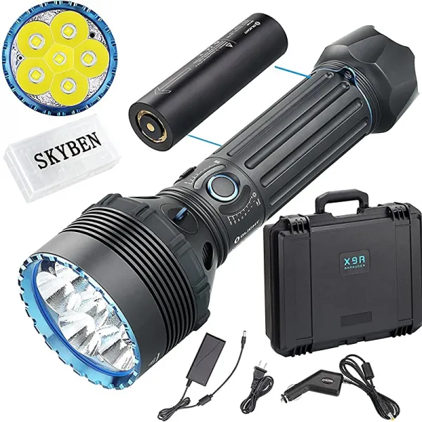 Olight X9R Marauder 25 000 루멘스 6 Cree XHP70 2 LED 출력 플래시 라이트 전술적 충전식 검색 플래시 라이트 8 충전 배터리 팩 및 SKYBEN 액세서리 X9R, 상세페이지 참조